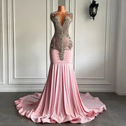 Long Pink Prom Dresses 2023 Sheer Mesh Top Luxury Sparkly Silver Diamond  Pink Prom Formal Party Gowns