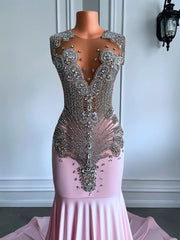 Long Pink Prom Dresses 2023 Sheer Mesh Top Luxury Sparkly Silver Diamond  Pink Prom Formal Party Gowns
