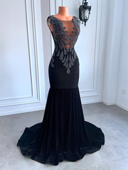 Long Prom Dresses 2023 Sexy Sheer O-neck Sleeveless Luxury Beaded Diamond Black Velvet African Women Mermaid Prom Party Gowns