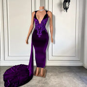 Long Purple Prom Dresses 2023 V-neck Sleeveless Sparkly Beaded Embroidery Velvet Prom Gala Formal Gowns Side Train