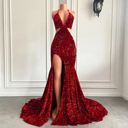 Long Sexy Prom Dresses 2023 Mermaid High Slit Halter Sparkly Red Sequin Prom Gala Party Gowns