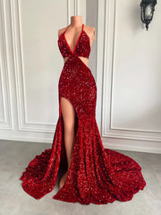 Long Sexy Prom Dresses 2023 Mermaid High Slit Halter Sparkly Red Sequin Prom Gala Party Gowns