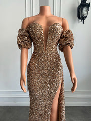 Long Sparkly Prom Dresses 2023 Off The Shoulder High Slit Off The Shoulder Gold Sequin Prom Gowns