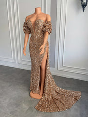 Long Sparkly Prom Dresses Off The Shoulder High Slit Off The Shoulder Gold Sequin Prom Gowns
