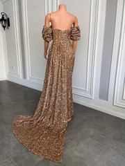 Long Sparkly Prom Dresses 2023 Off The Shoulder High Slit Off The Shoulder Gold Sequin Prom Gowns