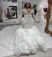 Luxurious Mermaid Wedding Dresses Ruffle Train Crystal Beaded Sequins Lace Long Sleeve Formal Bride Gowns Custom Made FZ09