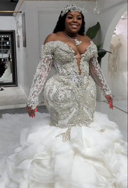 Luxurious Mermaid Weddding Dresses Ruffle Train Crystal Beaded Sequins Lace Long Sleeve Formal Bride Gowns Custom Made FZ09