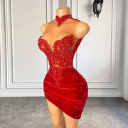 Luxury Beaded Embroidery Women Homecoming Cocktail Gowns High Neck Red Velvet Prom Dresses 2023 For Birthday Party