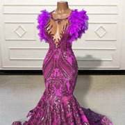 Luxury Mermaid Long Prom Dresses 2023 Sparkly Sequin Feather Backless Women Formal Evening Gown for Graduation Party