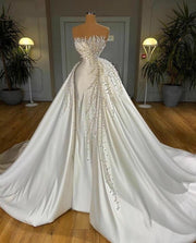 Luxury Satin Wedding Dresses with Crystal Beaded Pearls Diamonds Bridal Gown with Detachable Train DS01