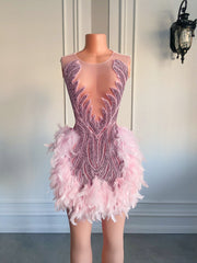 Luxury Sheer Neckline Women Cocktail Dress Pink Feather Short Prom Dresses 2023 For Birthday Party