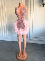 Luxury Sheer Neckline Women Cocktail Dress Pink Feather Short Prom Dresses 2023 For Birthday Party