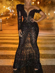 M32 Fashion Sexy Black One-Shoulder Mermaid/Trumpet Floor-Length Evening Dresses/Women Prom Gowns