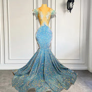 Mermaid Prom Dresses 2023 Sexy Sheer V-neck Sleeveless Silver Crystals Light Blue Sequin Prom Gala Party Gowns