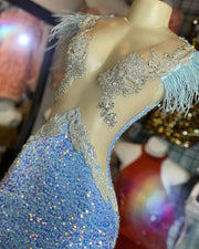 Mermaid Prom Dresses 2023 Sexy Sheer V-neck Sleeveless Silver Crystals Light Blue Sequin Prom Gala Party Gowns