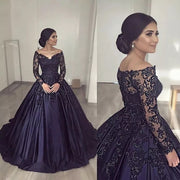 Navy Blue Quinceanera Dress 2021 Long Sleeve V-Neck Lace Appliques Satin Prom Party Princess Ball Gown Sweet 15 Sweep Train