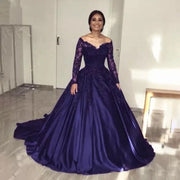 Navy Blue Quinceanera Dress 2021 Long Sleeve V-Neck Lace Appliques Satin Prom Party Princess Ball Gown Sweet 15 Sweep Train
