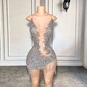 New Arrival Sexy See Through Women Birthday Party Luxury Sparkly Silver Diamond Short Prom Dresses 2023
