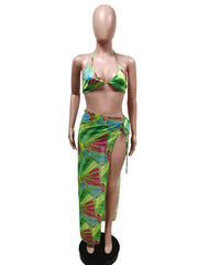 Color Block Beach Printing 3 Piece Bikini Swimsuits