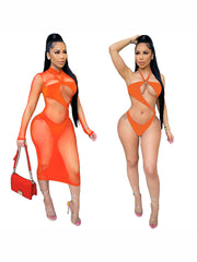 Sexy Solid One Piece Swimsuit And Gauze Dress