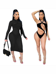 Sexy Solid One Piece Swimsuit And Gauze Dress