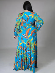 Feather Printed V Neck Long Sleeve Maxi Dresses Plus Size