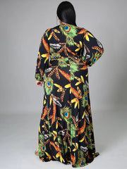 Feather Printed V Neck Long Sleeve Maxi Dresses Plus Size