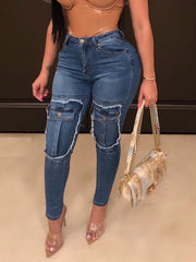 New Fashion Fake Pocket Fitted Women Jeans