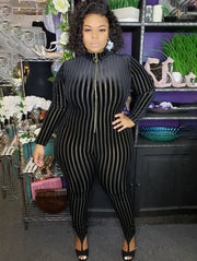 Casual Striped Long Sleeve Plus Size Jumpsuit