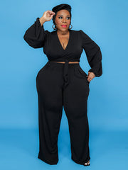 Solid V Neck Plus Size Two Piece Outfits