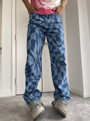 Street Straight Mid-Waist Denim Grid Jeans For Men