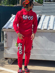 Fashionable Hooded Collar Letter Red Trouser Set