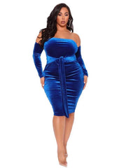 Suede Off The Shoulder Plus Size Blue Dresses