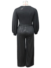 Sequined V Neck Long Sleeve Plus Size Jumpsuits