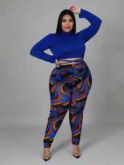 Plus Size Solid Top With Print Long Pants