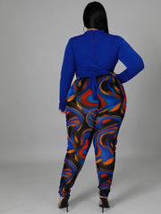 Plus Size Solid Top With Print Long Pants