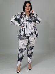 Fashion Printed Long Sleeve Plus Size Two Pieces Set