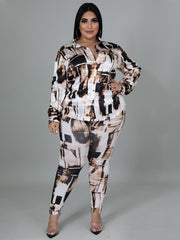Fashion Printed Long Sleeve Plus Size Two Pieces Set
