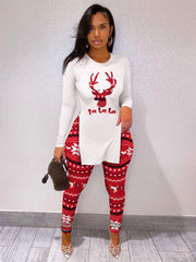 Casual Christmas Deer Print 2 Piece Pant Sets