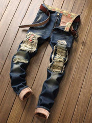 Hip Hop Stripped Plush Mid Waist Jeans Men
