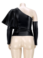 Chic Solid Leather Off The Shoulder Plus Size Tops