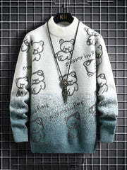 Contrast Color Bear Pattern Pullover Sweater For Men