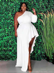 Solid Inclined Shoulder Casual Plus Size Maxi Dresses