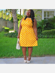 Plus Size Bow Dots Sleeveless Knee Length Dresses