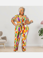Plus Size V Neck Print Two Piece Outfits