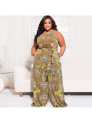 Casual Printed Plus Size Wide Leg Jumpsuits