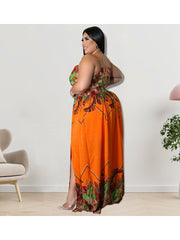 Plus Size Printed V Neck Sleeveless Loose Dress For Ladies