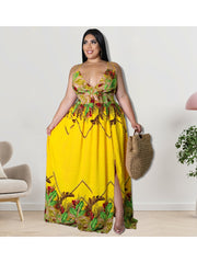 Plus Size Printed V Neck Sleeveless Loose Dress For Ladies