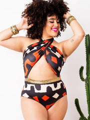 Printing Hollowed Out Halter One-Piece Swimwear