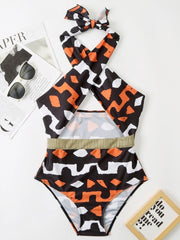 Printing Hollowed Out Halter One-Piece Swimwear